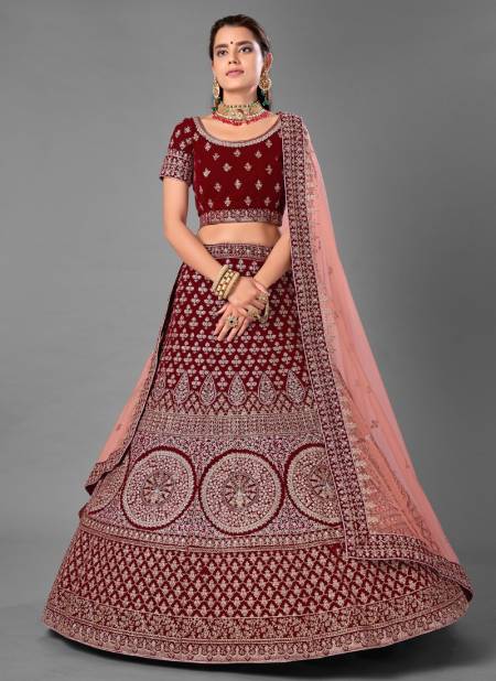 Maroon Arya Design 18 Stylish Bridal Wedding Wear Velvet Heavy Embroidery Work Latest Lehenga Choli Collection 7012